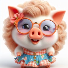 a cute Pig wearing dress and cool fashion eyeglasses , funny, happy, smile, white background