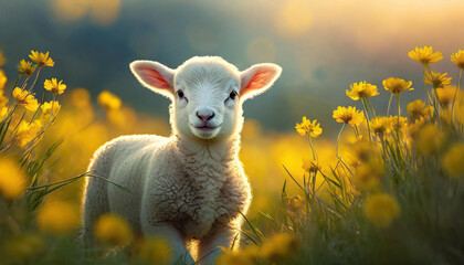 Portrait of white little lamb in field with yellow flowers. Domestic animal. Blurred backdrop.