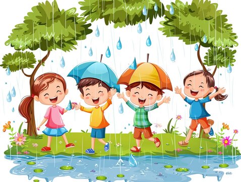 Children who can control the weather bringing rain to a droughtstricken village, dancing in the rejuvenating downpour  isolated on white background clipart