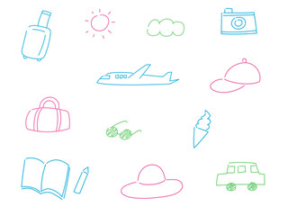 旅行のゆるい線画イラストセット（線画のみ、カラフル）