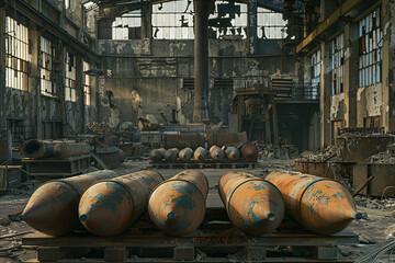 Derelict factory with old military bomb shells and crumbling infrastructure
