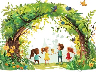 Children with the gift of art creating a mural that becomes a portal to a fantasy world, stepping through to explore  isolated on white background clipart