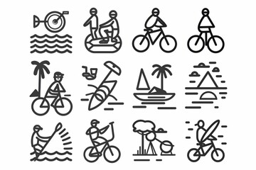 A consistent set of line pictograms representing popular recreational activities