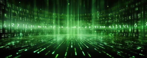 Fototapeta na wymiar Green abstract binary code background with glowing light rays and digital numbers for technology concept