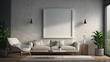 mockup poster home frame. blank white mockup poster frame hanging on the wall in a modern interior room design with modern furniture in 3D render . illustration Generative AI