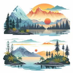 Meubelstickers Nature landscape vector illustration. Cartoon flat illustration summer beautiful nature, green grasslands meadow with flowers, forest, scenic blue lake and mountains on horizon background © anast