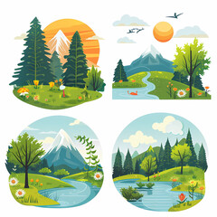 Obraz premium Nature landscape vector illustration. Cartoon flat illustration summer beautiful nature, green grasslands meadow with flowers, forest, scenic blue lake and mountains on horizon background
