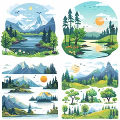 Foto auf Acrylglas Nature landscape vector illustration. Cartoon flat illustration summer beautiful nature, green grasslands meadow with flowers, forest, scenic blue lake and mountains on horizon background © anast