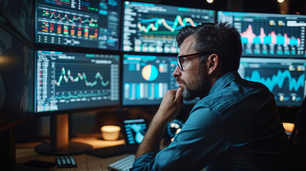 Focused professional analyzing financial data on multiple computer screens in a dark office