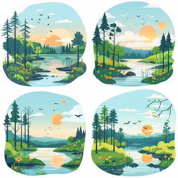 Nature landscape vector illustration. Cartoon flat illustration summer beautiful nature, green grasslands meadow with flowers, forest, scenic blue lake and mountains on horizon background