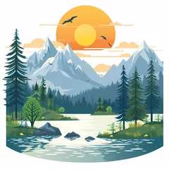 Gardinen Nature landscape vector illustration. Cartoon flat illustration summer beautiful nature, green grasslands meadow with flowers, forest, scenic blue lake and mountains on horizon background © anast