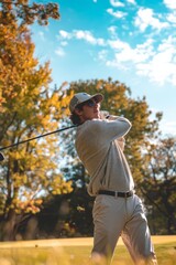 Dynamic Side View of a Young Man Engaged in Golf, Demonstrating a Powerful Swing Shot