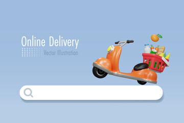 Online shopping grocery delivery service. Scooter with grocery basket on searching bar. Express home delivery wireless technology. 3D vector.