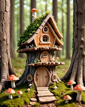 A whimsical mushroom house with a red and white spotted cap and a brown door. A tiny fairy house nestled in a colorful garden of flowers and mushrooms.