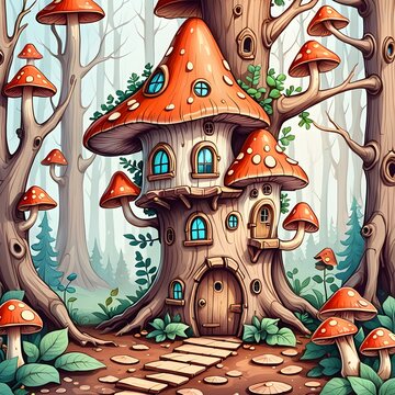 A whimsical mushroom house with a red and white spotted cap and a brown door. A tiny fairy house nestled in a colorful garden of flowers and mushrooms.