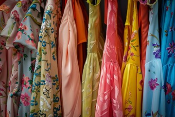A rack of colorful garments, dresses ready for a photoshoot or runway show 