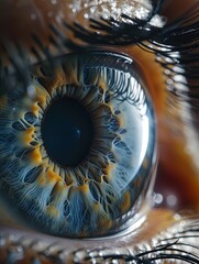 a close up of a person s blue eye with long eyelashes