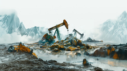 Drilling rig for oil production, oil mining (production), illustration, isolated - obrazy, fototapety, plakaty