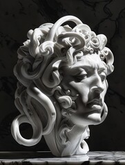 A classical sculpture of a womans head with snakes carved in metal