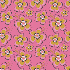 Fantasy flowers with colorful petals on a bright pink background form a seamless cute pattern for textiles, wrapping paper.