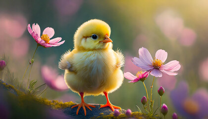 Yellow chick in field with pink blooming flowers. Cute farm bird, domestic animal. Spring season.