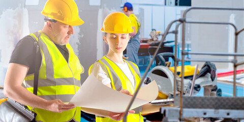 Builders inside industrial building. Man and woman in yellow uniform. Architects will design industrial workshop. Teamwork of two builders. Engineers study industrial documentation