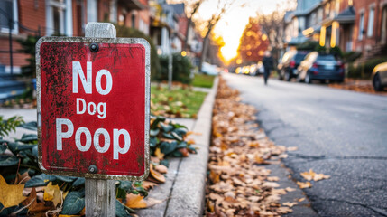 Red no dog poop sign in a picturesque residential street at sunset
