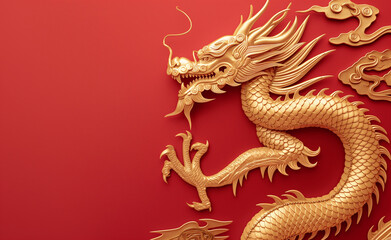 Golden chinese dragon on red color background.