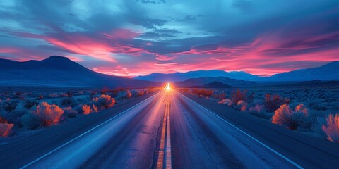 A spectacular sunset lights up the horizon as the highway winds its way through the picturesque landscape. - obrazy, fototapety, plakaty