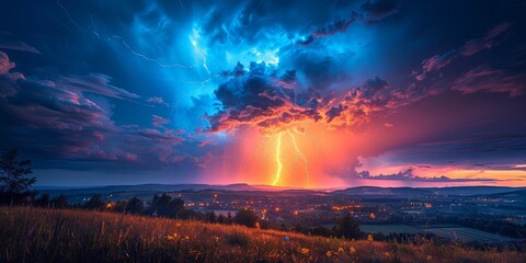 Lightning crackles amid dramatic stormy skies, illuminating the landscape with brilliant bursts of energy.