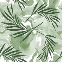 Abstract Hand Drawing Tropical Leaves Seamless Pattern with Digital Painting Watercolor Tie Dye Wavy Marble Batik Background