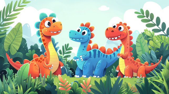 Playful cartoon dinosaurs smiling in a colorful prehistoric jungle