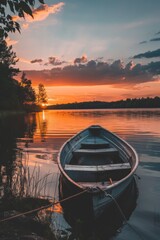 Tranquil Scene of a Small Rowing Boat Resting by the Lake at Sunset, Evoking Idyllic Peacefulness