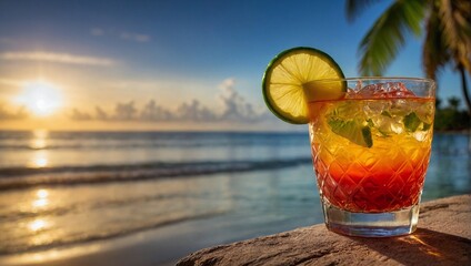 glass of tequila sunrise drink on the beautiful, hot, tropical beach with amazing sky