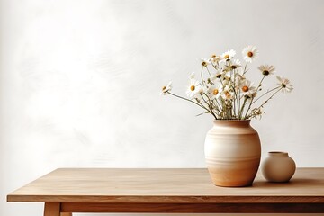 Wooden table with beige clay vase with bouquet