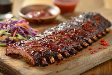 Tender ribs coated in barbecue sauce with coleslaw on a wooden board. Delicious barbecue spread