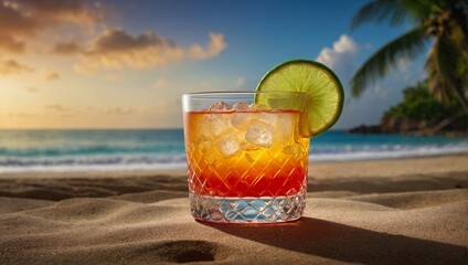glass of tequila sunrise drink on the beautiful, hot, tropical beach with amazing sky