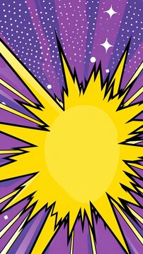 Lavender background with a white blank space in the middle depicting a cartoon explosion with yellow rays and stars