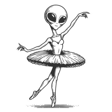 alien as a ballerina, sci-fi with classical dance sketch engraving generative ai fictional character raster illustration. Scratch board imitation. Black and white image.
