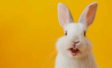 Obraz premium Joyful Bunny: A White Fluffy Companion Spreading Smiles. Yellow Background. 