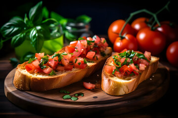 Tomato Bruschetta, Fresh and flavorful appetizer with diced tomato, basil, and olive oil on toasted bread