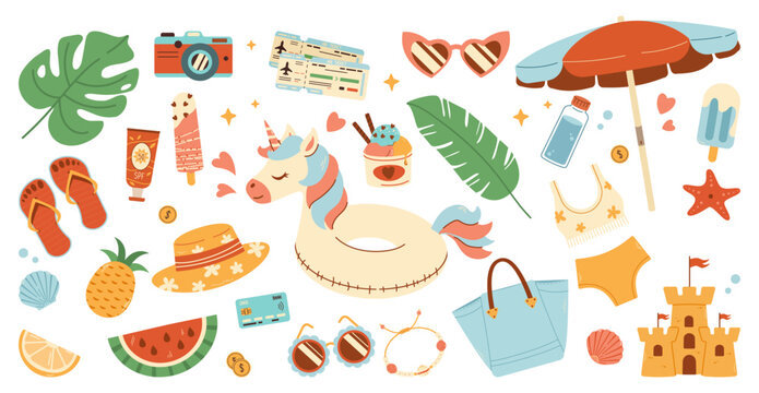 Summer stickers collection. Set of cute summer icons ice cream, shells, fruits, unicorn. Collection of scrapbooking elements for beach party.