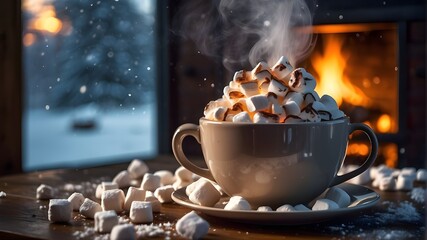 Transport yourself to a winter wonderland with this stunning image of a steaming cup of hot chocolate, adorned with a mountain of fluffy marshmallows. The warm glow of the fireplace in the background 