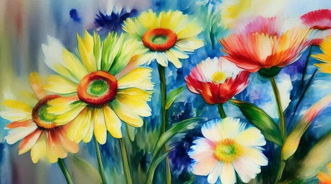 animation, motion effect, Various watercolor paintings of colorful flowers. (60 fps  8 sec.)