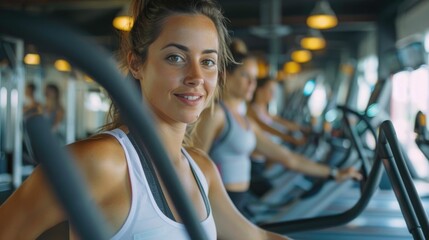 Woman Utilizing Elliptical Trainer for Intense Cardio Workout in Fitness Gym Focused on Healthy Lifestyle and Wellness