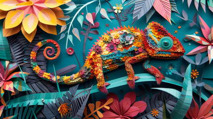 Vibrant multicolor paper art of a chameleon in a tropical setting, showcasing exquisite craft and creativity