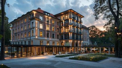 Fototapeta premium Luxury hotel in Munich, Germany showcasing elegant architecture during a beautiful sunset