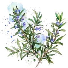 This watercolor illustration captures the delicate beauty of rosemary in bloom