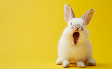 Joyful Bunny: A White Fluffy Companion Spreading Smiles. Yellow Background. 