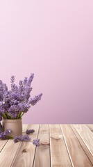 Lavender background with a wooden table, product display template. lavender background with a wood floor. Lavender and white photo